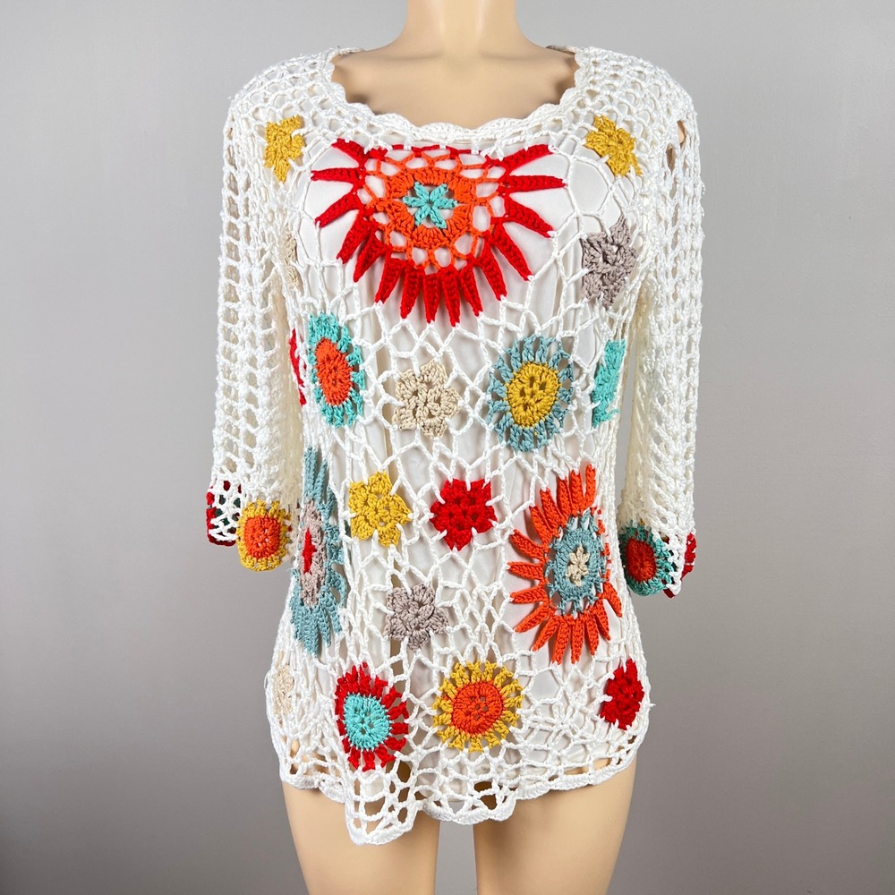 V Cristina Crochet Top Women XL Floral Hippie Lined White Boho Festival Top